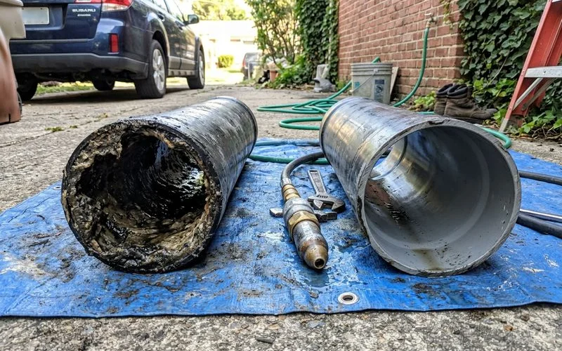 Comparison of a grease-coated pipe interior and the same pipe scoured clean