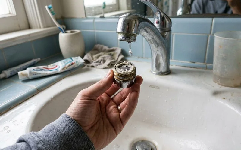 Faucet aerator held in a hand showing mineral buildup clogging the screen