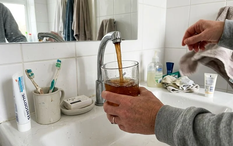 Glass of rust-tinted hot water held under a bathroom tap