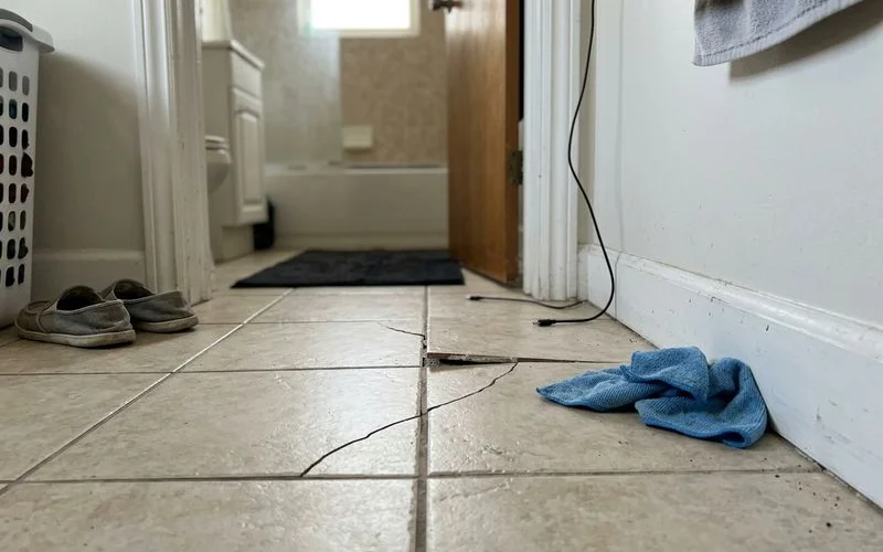 Hairline crack running across a tile floor near a bathroom doorway