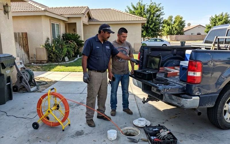 Homebuyer and plumber inspecting a sewer camera monitor at a house for sale