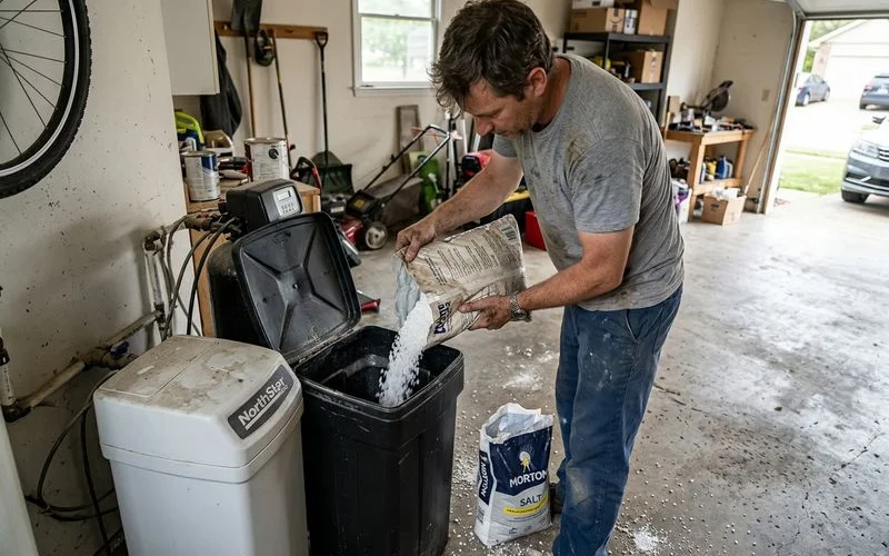 Homeowner refilling a water softener brine tank with salt pellets