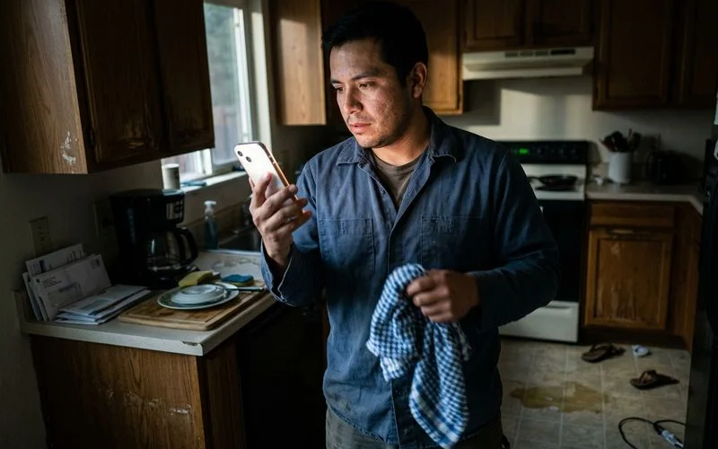 Homeowner in a dark kitchen with a phone in hand deciding whether to call a plumber