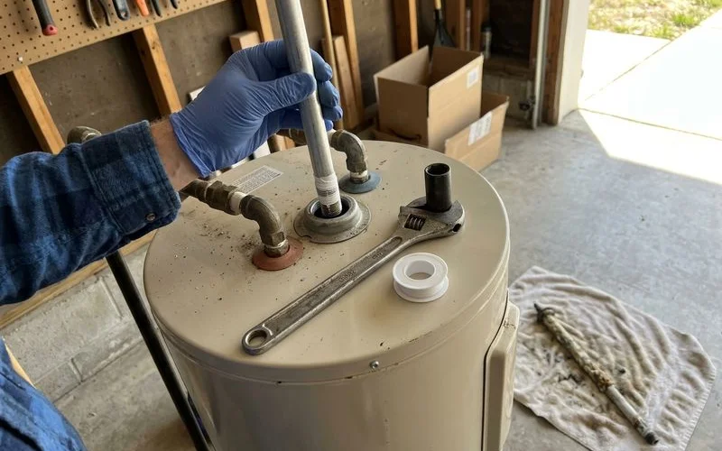 New anode rod being threaded into the top port of a water heater