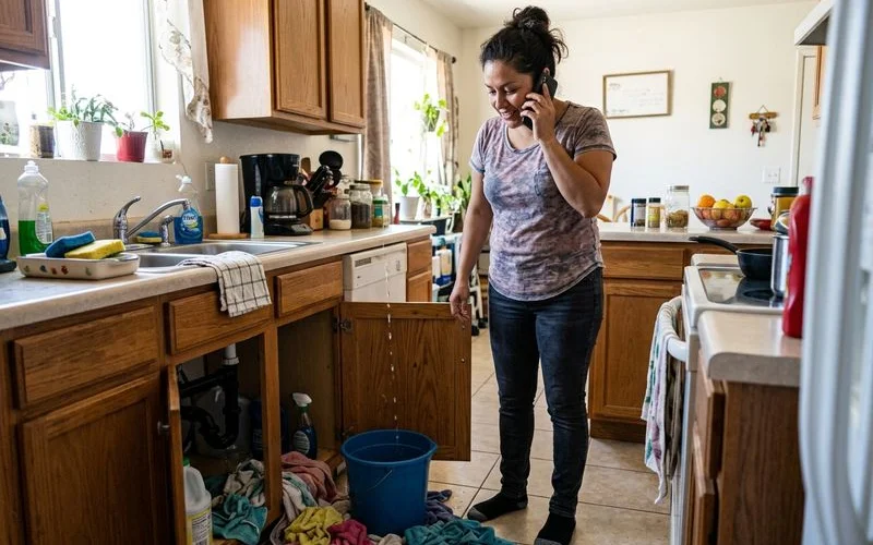 Persona hablando por teléfono en la cocina mientras observa una fuga debajo del fregadero
