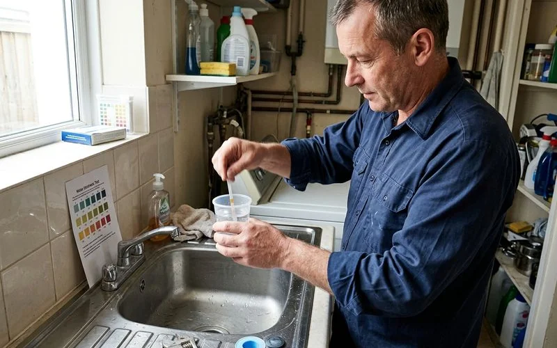 Plumber testing water hardness with a test strip at a utility sink