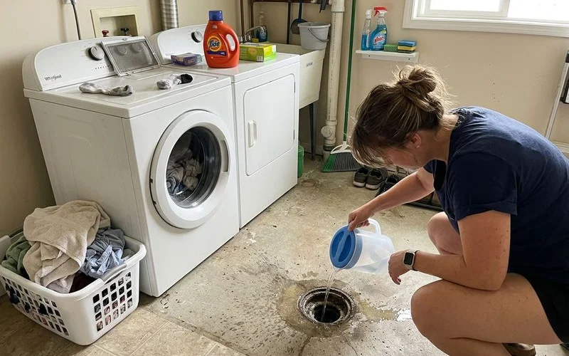Water being poured into a rarely used floor drain to refill a dry P-trap