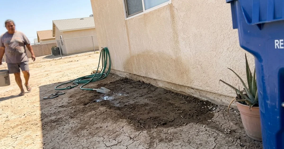 Damp cracked soil along the exterior foundation of an El Centro home