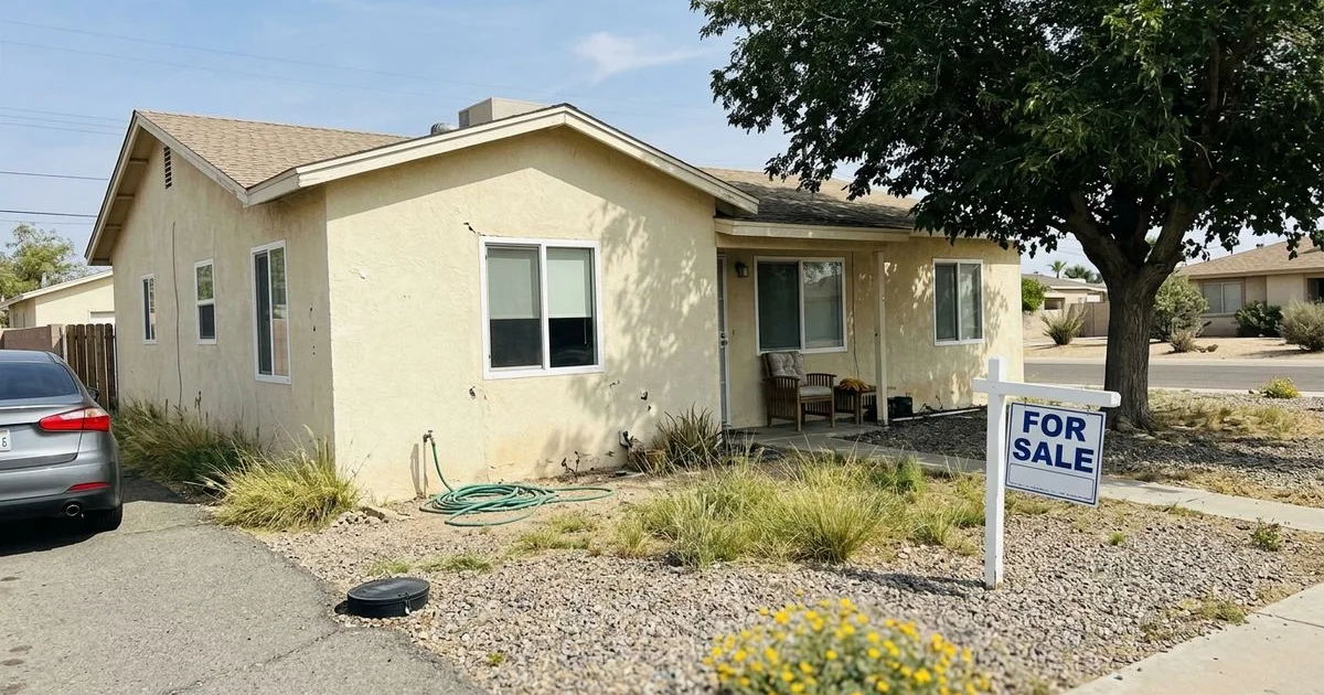 Older single-story El Centro home with a for sale sign and a visible sewer cleanout