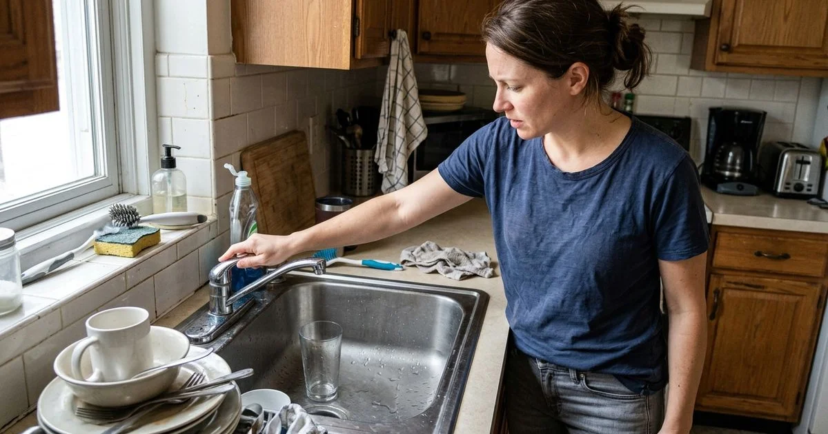 Person turning a kitchen faucet with no water coming out and an empty glass in the sink
