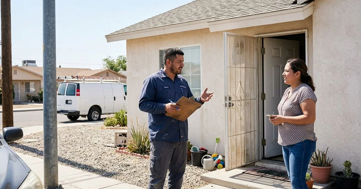 Plumber and homeowner talking at a front door with a clipboard, El Centro