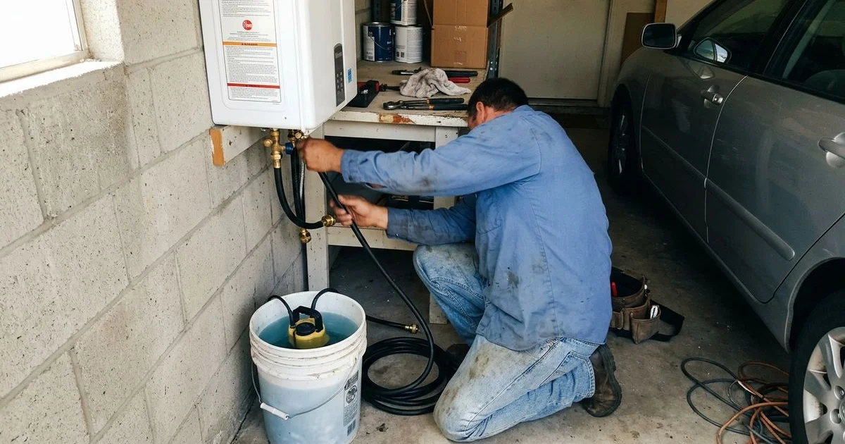 Plumber connecting descaling pump hoses to a wall-mounted tankless water heater