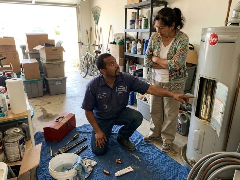 Plumber kneeling beside an open water heater in an Imperial Valley garage, pointing out hard-water scale buildup to a homeowner