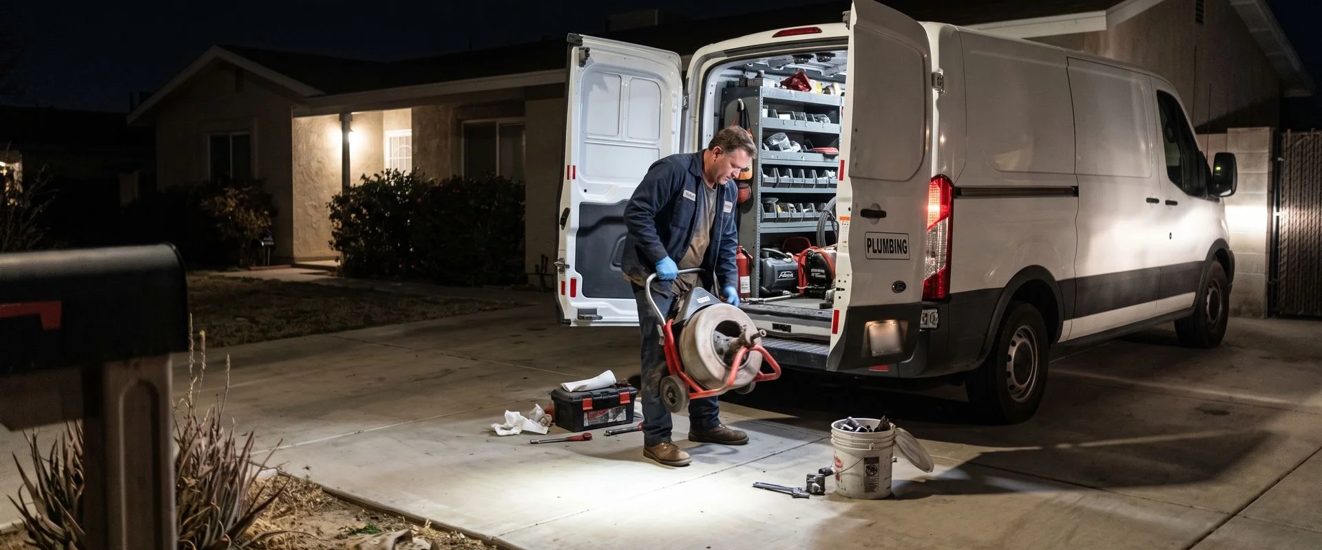 Plumber loading a drain machine into a service van after dark outside an Imperial County home, returning from an emergency call