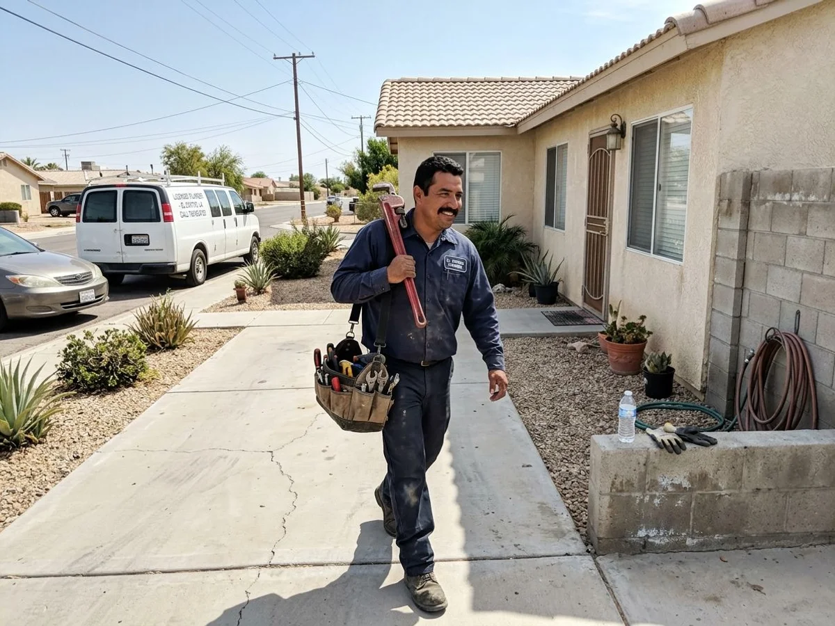 El Centro plumber walking up the driveway of a single-story home with a pipe wrench, on call 24/7