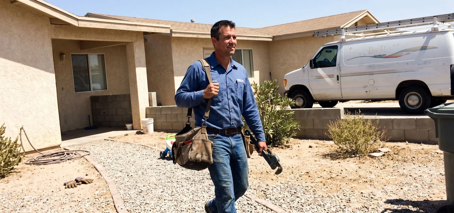 Plumber carrying tools toward a single-story desert home with a service van at the curb
