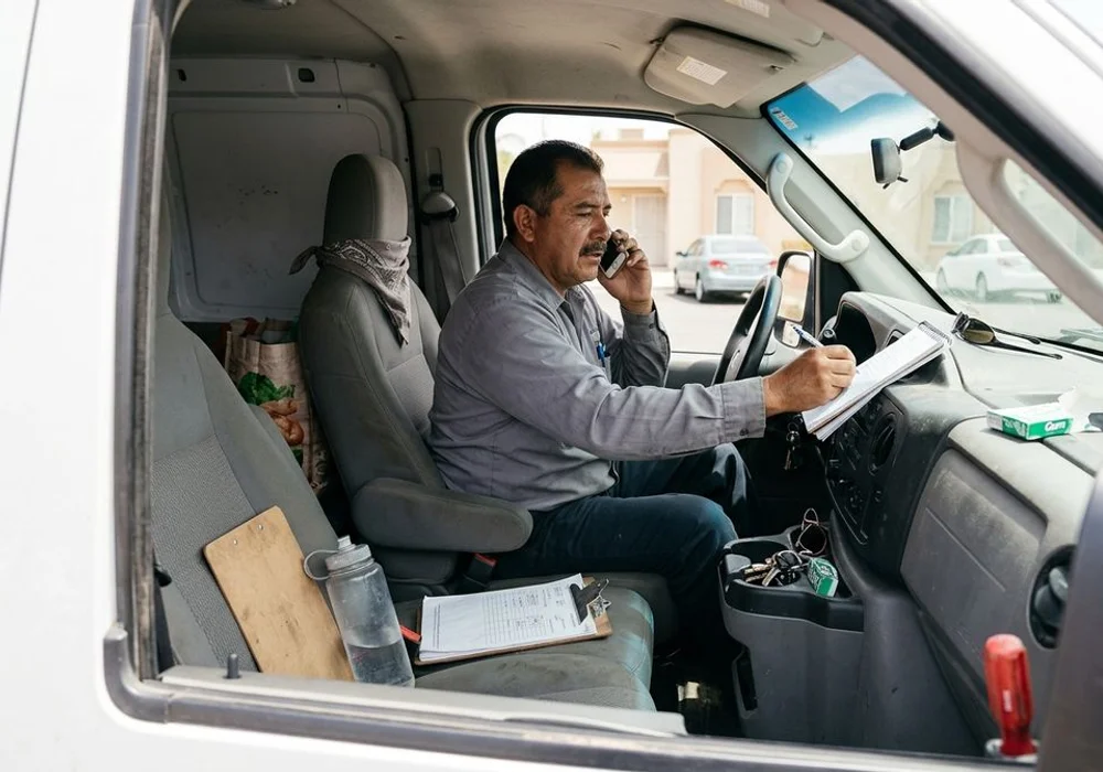 Plumber in the cab of a service van taking a 24/7 bilingual call about a plumbing emergency in Imperial County