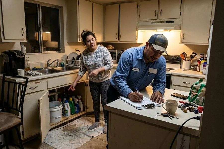 Plumber taking notes at a kitchen counter while a homeowner points at a leaking cabinet