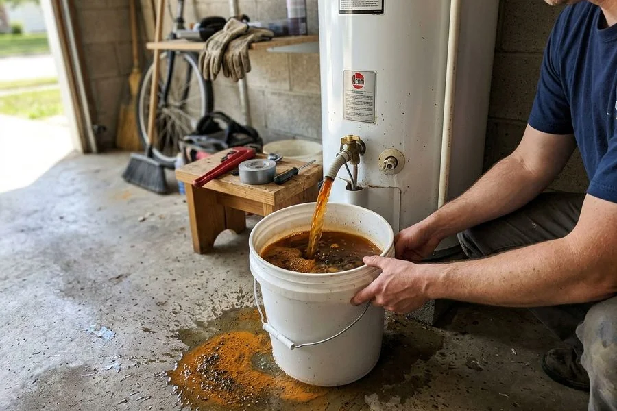 Rusty sediment flushing out of a water heater drain valve into a bucket