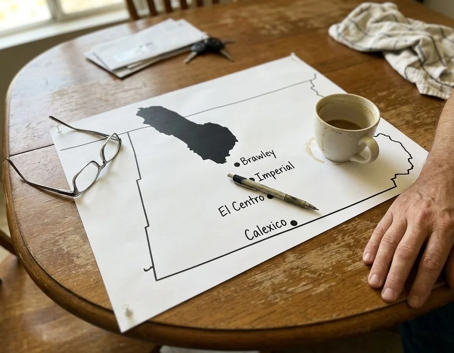 Flat map illustration of Imperial County with El Centro, Calexico, Brawley, and Imperial marked